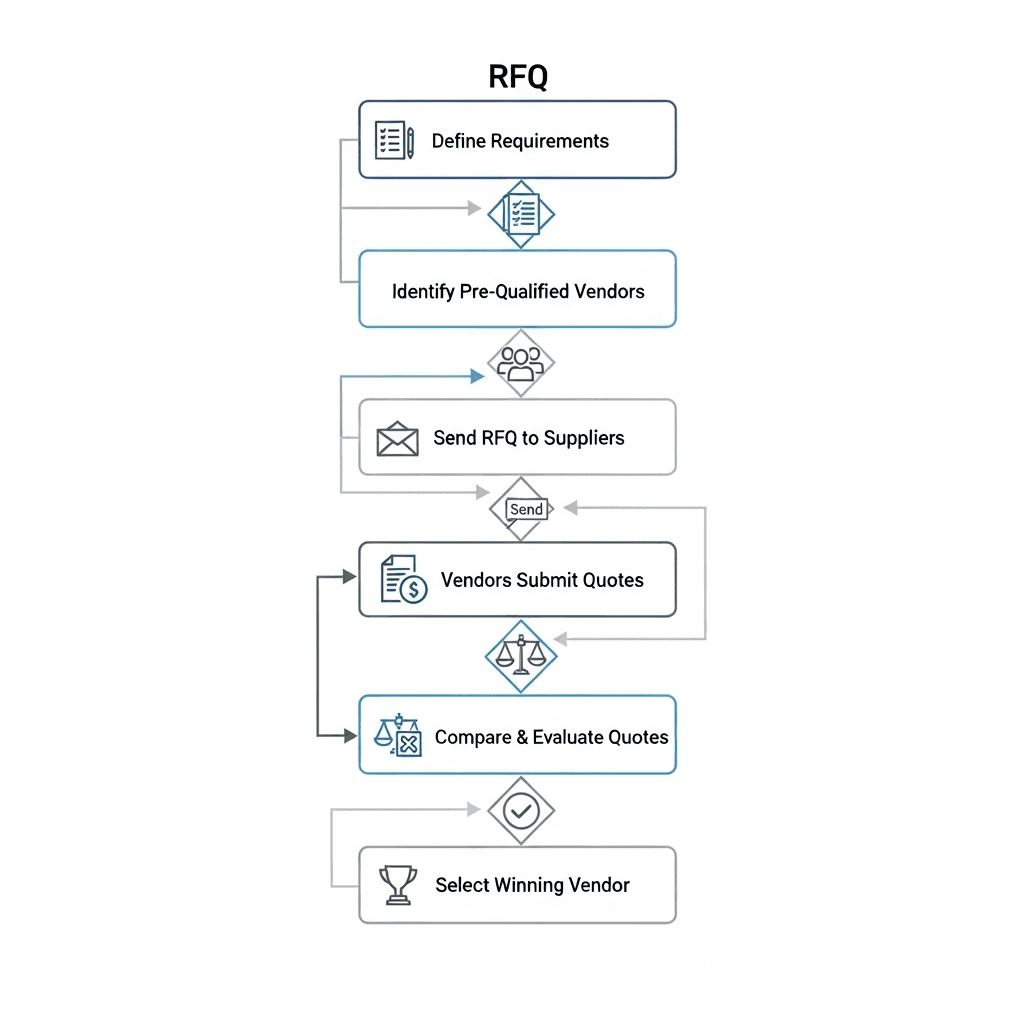A professional flowchart diagram showing the RFQ (Request for Quotation) process workflow. Display 6 sequential steps in a vertical or diagonal flow with arrows connecting them: 1) Define Requirements (icon: checklist/document), 2) Identify Pre-Qualified Vendors (icon: people/users), 3) Send RFQ to Suppliers (icon: envelope/send), 4) Vendors Submit Quotes (icon: document with dollar sign), 5) Compare & Evaluate Quotes (icon: comparison/scales), 6) Select Winning Vendor (icon: trophy/checkmark). Use a clean, modern business style with a professional color palette of blues, grays, and white. Include subtle icons for each step. The design should be clear, corporate, and easy to follow at a glance.