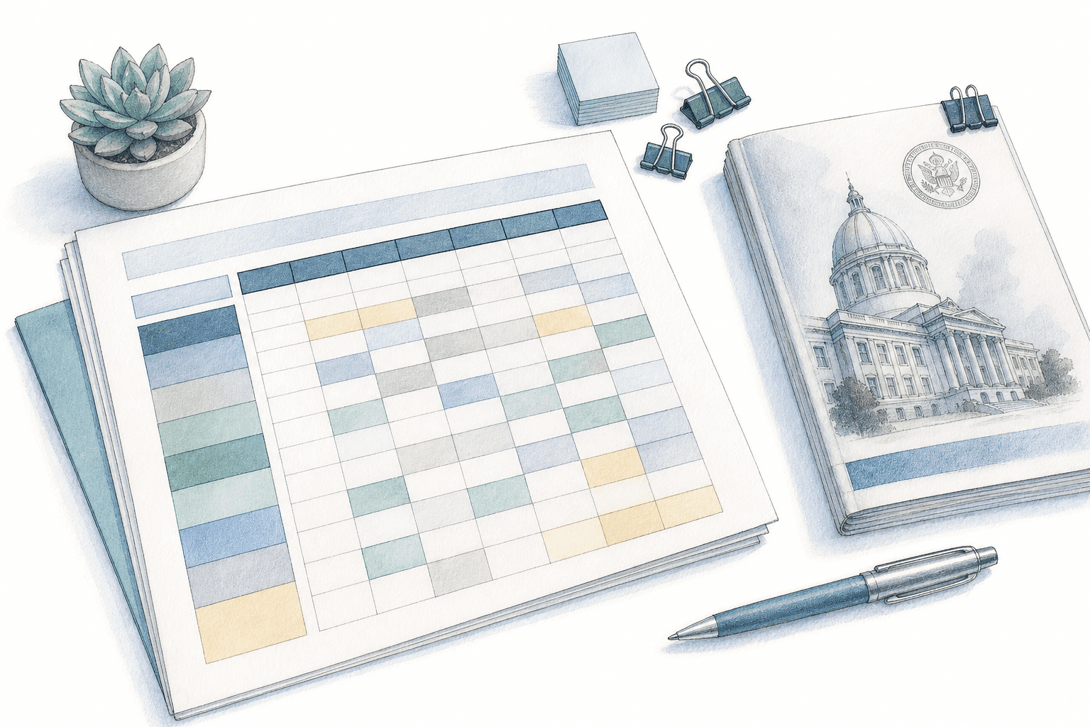 A clean, professional overhead view of a structured federal proposal compliance matrix document spread on a desk, with color-coded rows and columns mapping requirements to proposal sections, alongside a government RFP document, all rendered in a modern flat illustration style with blues and grays, no text or labels anywhere in the image