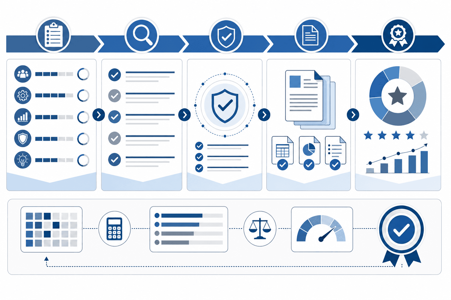 A professional diagram showing a self-evaluation or scoring process workflow. Clean modern design with blue and gray color scheme showing assessment criteria, verification steps, and documentation review. Abstract representation of evaluation metrics, scoring calculations, and evidence validation. Corporate professional style with geometric shapes, checkmarks, score indicators, and document icons. Suitable for government contracting content about proposal evaluation.