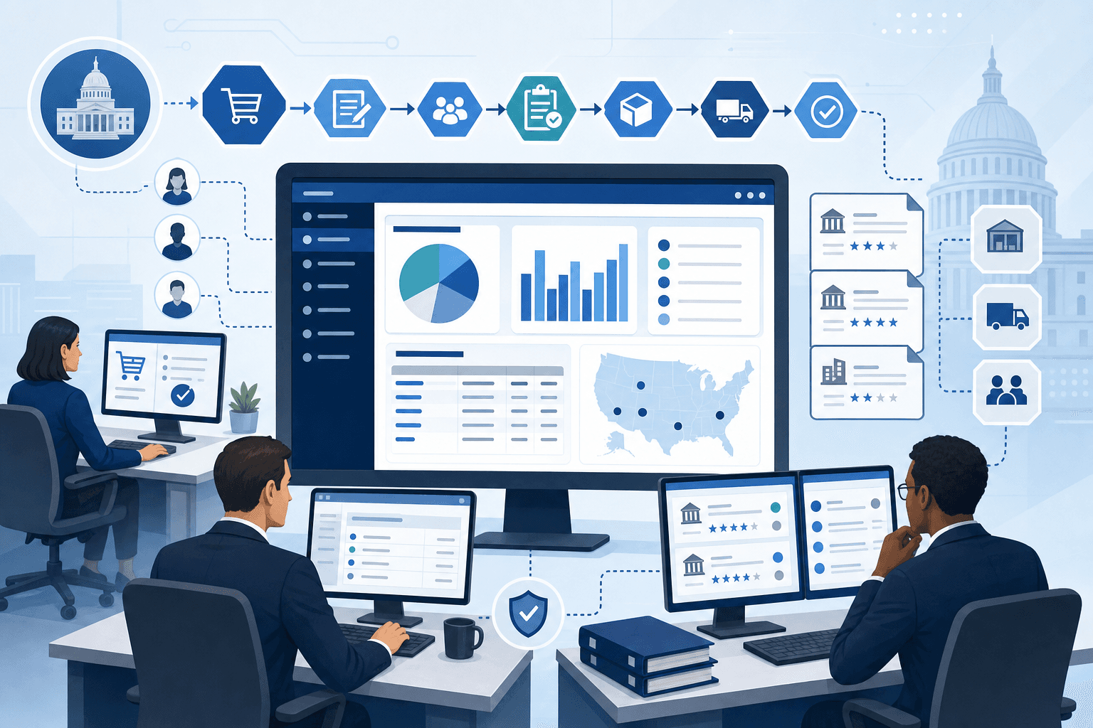 A professional illustration of a digital procurement workflow showing a computer screen interface with a portal dashboard, order processing steps flowing from left to right, federal agency users interacting with an online contracting system, government contracting officers reviewing vendor quotes on screens, clean modern interface design with blue and gray tones, geometric shapes representing workflow steps and data flow, professional corporate technology illustration style, no text or letters