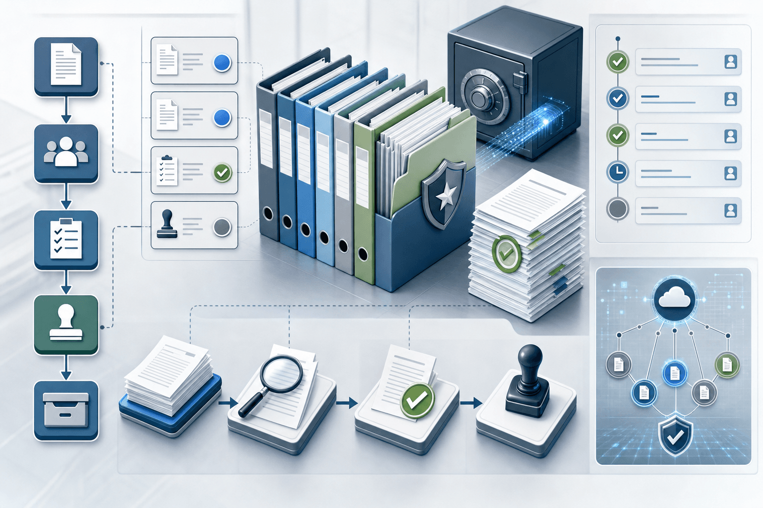 Professional illustration showing government contractor documentation workflow with organized files, version control systems, and compliance audit trails. Visualize structured document management with folders, timestamps, review checkmarks, and digital paper trails. Show a clean, organized system with color-coded sections, flowchart elements connecting documentation steps, and approval stamps. Modern corporate aesthetic with blues, grays, and greens. No text or letters visible in the image.