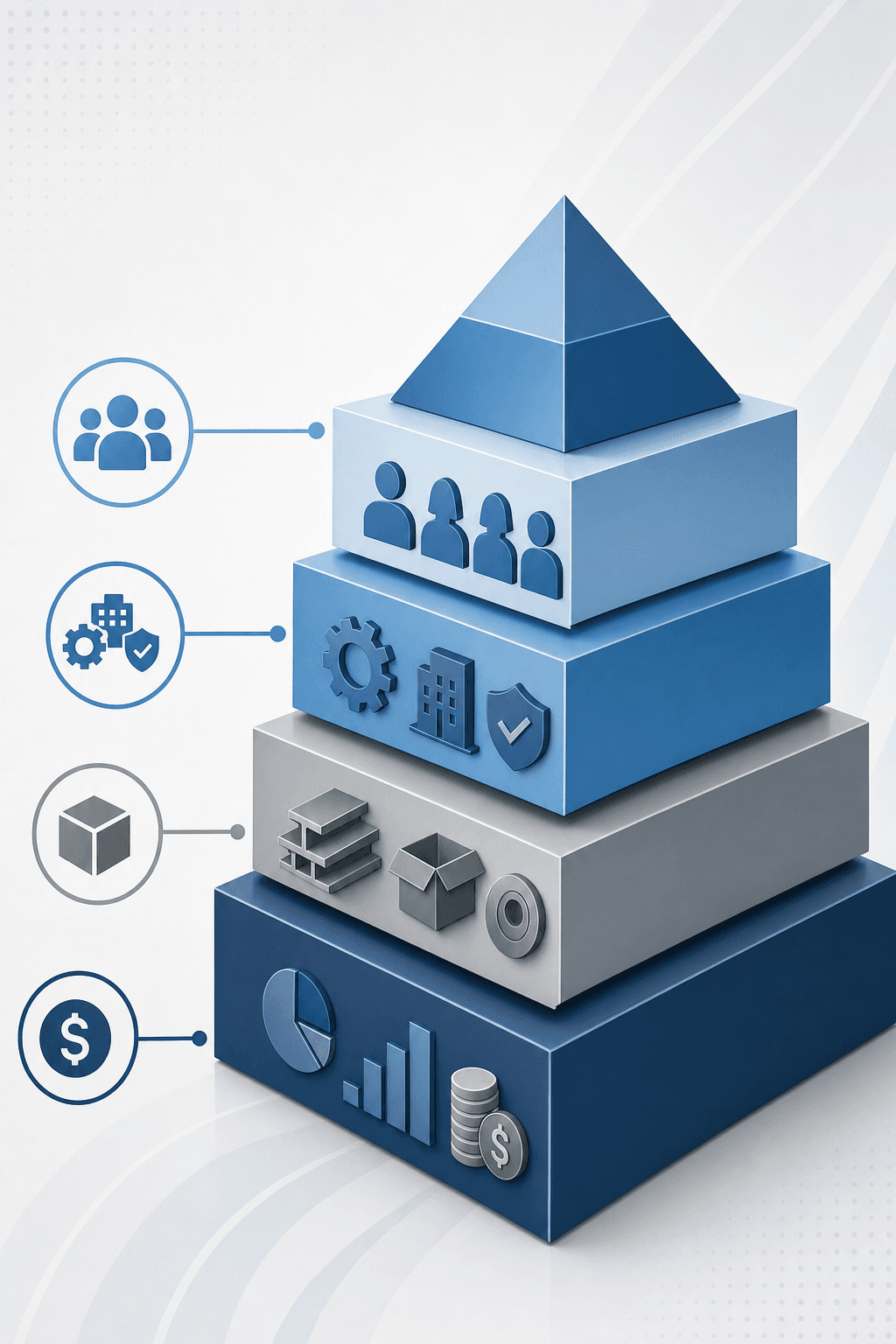 A professional business diagram showing the components of a federal government cost proposal structure. Visual elements include stacked layers or building blocks representing direct labor, indirect costs, materials, and fee structures. Clean, corporate style with blue and gray tones. Modern infographic aesthetic showing cost breakdown hierarchy. No text, words, or letters.