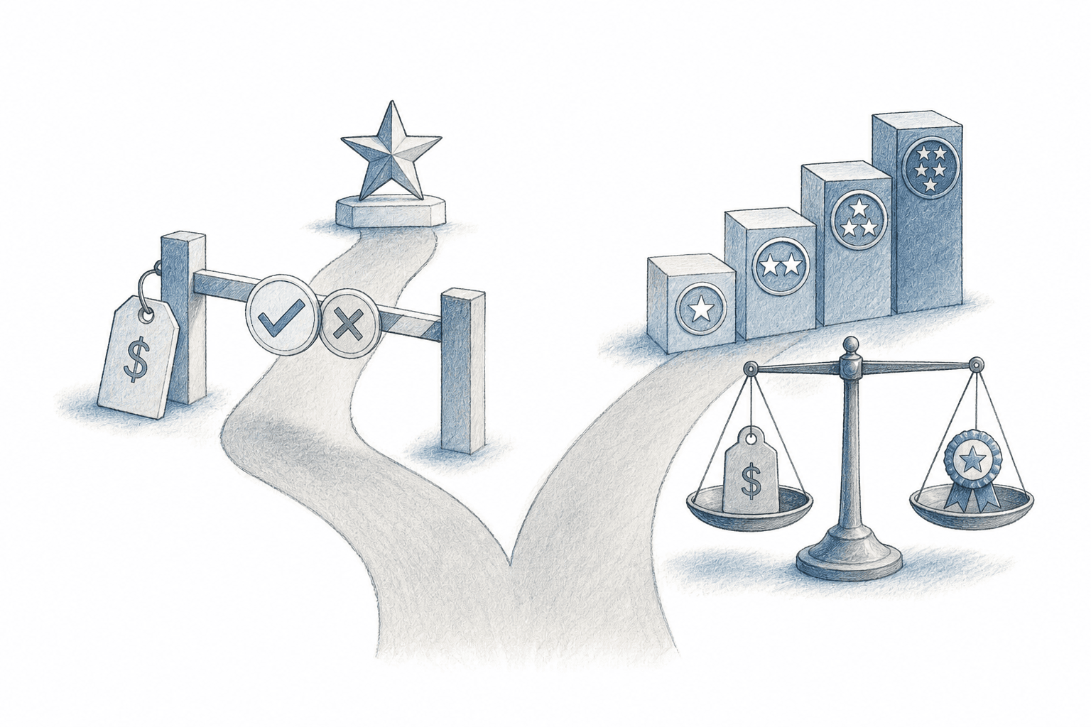 A split-path decision diagram in a clean government/professional style showing two diverging routes at a fork in the road. On the left path, a simple pass/fail checkpoint gate with a price tag symbol leading to an award destination. On the right path, a multi-tier scoring scale with ascending quality levels and a balance scale weighing cost against merit. Muted blue and gray color palette with subtle federal government aesthetic, flat illustration style, no text or labels.