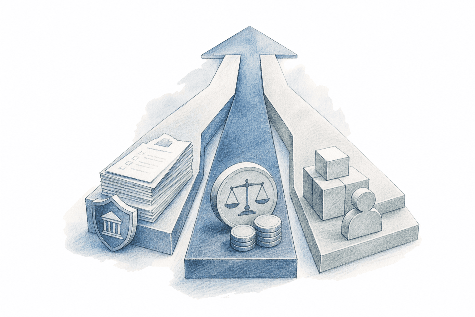 A clean professional illustration depicting federal government proposal strategy: three distinct pathways or pillars representing compliance documentation, competitive pricing, and resource allocation, shown as structured geometric columns or lanes in a muted blue and gray color palette, federal government aesthetic, flat modern style, no text or labels