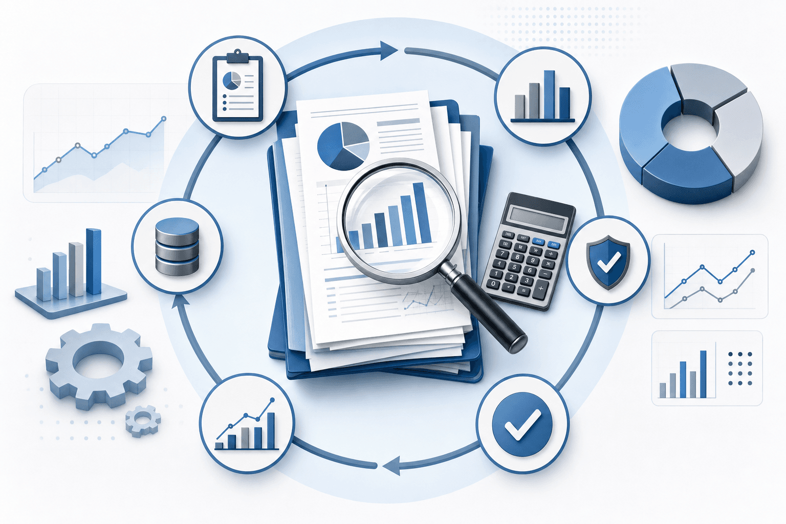 A professional business diagram showing a cost evaluation and analysis process. Visual elements include a magnifying glass examining financial data, stacked documents being reviewed, comparison charts, and evaluation checkmarks. Clean corporate style with blue and gray tones. Modern infographic aesthetic depicting financial scrutiny and validation process. No text, words, or letters.