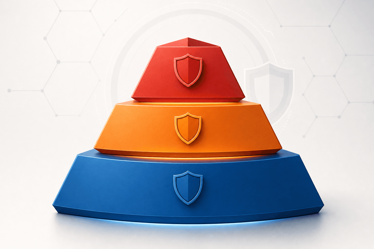 A clean, professional diagram showing three ascending tiers or levels in a pyramid or staircase structure, representing a security classification hierarchy. Each tier should be visually distinct with different colors - perhaps blue for the bottom tier, orange for the middle tier, and red for the top tier. The design should be modern, minimal, and convey increasing levels of security or protection. No text, labels, or letters should appear in the image. Abstract, geometric style suitable for a government technology context.