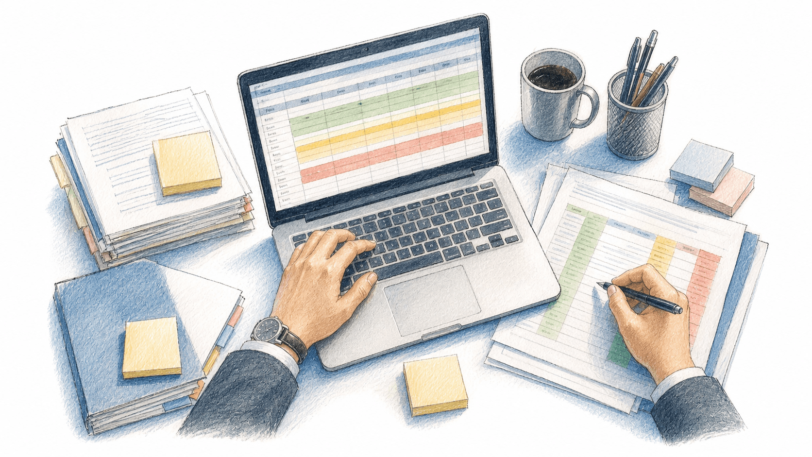 A professional overhead view of a person's hands working at a modern desk with a laptop displaying a colorful spreadsheet with rows highlighted in green, yellow, and red, surrounded by printed documents and sticky notes, warm office lighting, federal government procurement environment, organized workflow atmosphere, no text or labels visible