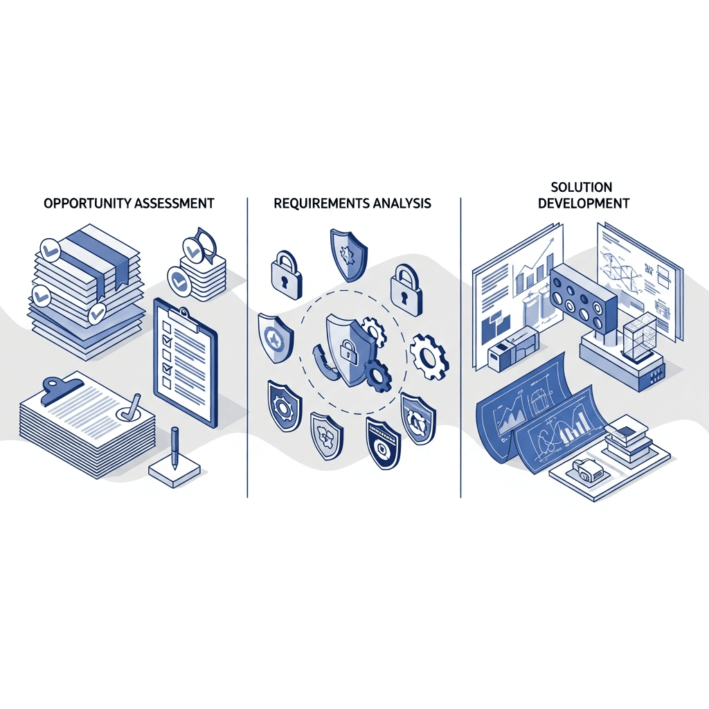 Professional business illustration showing three distinct phases of a government contracting capture process flowing from left to right. First phase shows documents and qualification checklist representing opportunity assessment. Second phase shows regulatory compliance symbols and security badges representing requirements analysis. Third phase shows technical diagrams and engineering blueprints representing solution development. Clean, modern style with blue and gray tones, isometric perspective, no text or letters.