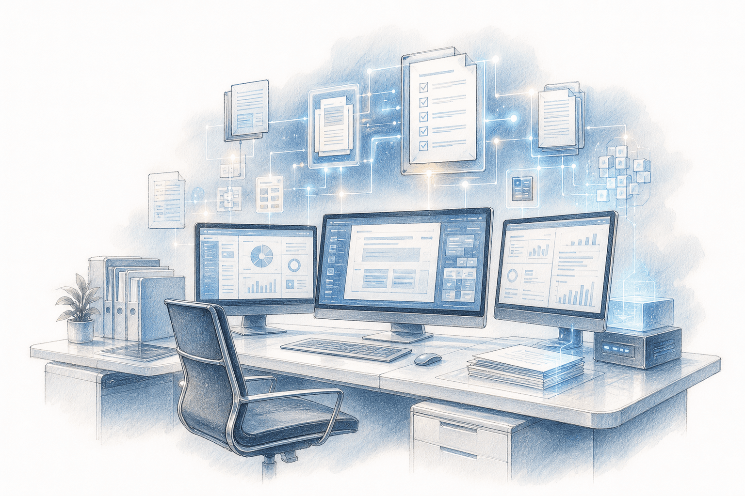 A futuristic government procurement workspace with a glowing digital interface showing interconnected document nodes, compliance checklists, and automated workflow diagrams. A sleek desk with multiple monitors displaying data dashboards and proposal sections being organized by AI, with soft blue and white lighting, professional federal contracting environment, no people, clean and modern aesthetic