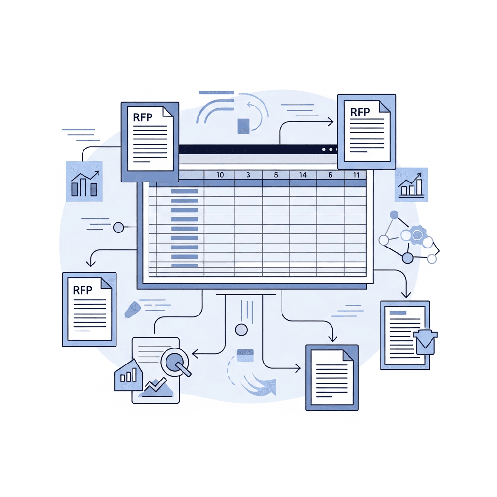 A professional business illustration showing an automated compliance workflow, featuring a digital spreadsheet or matrix with organized rows and columns, connected to document icons representing RFP sections. The image should show a streamlined, efficient process with clean lines, modern corporate aesthetic, and blue and gray tones. Include visual elements suggesting automation like connected nodes, flow arrows, and digital transformation. No text or letters should appear in the image.