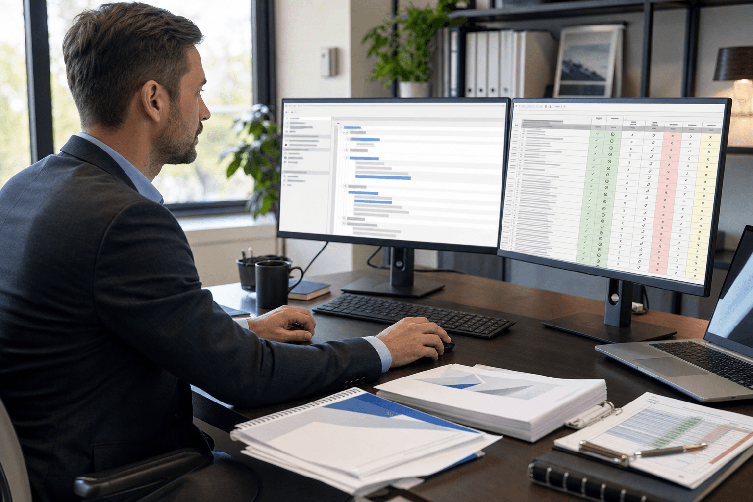 Professional business scene showing proposal team member at desk reviewing structured document outline on computer screen with compliance checklist visible, early draft stage with partial sections highlighted, organized workspace with requirement documents and matrix spreadsheet, focused concentration, modern office environment with natural lighting, realistic corporate photography style