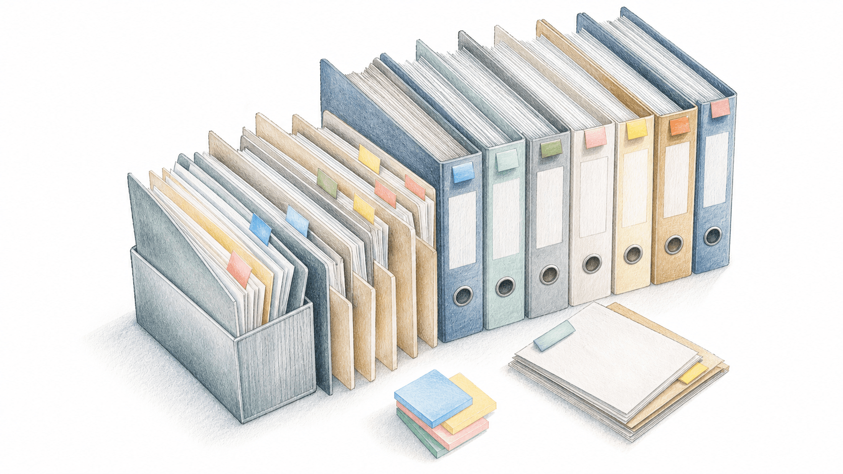 A clean, modern overhead view of a well-organized digital filing system visualized as physical folders and color-coded binders arranged on a bright white desk, with neatly labeled tabs representing different categories. Small sticky note tags in varying colors are visible on folder edges. The arrangement conveys systematic organization and efficient retrieval of documents in a professional government contracting environment. Soft natural lighting, no people, no screens, no text or labels visible.