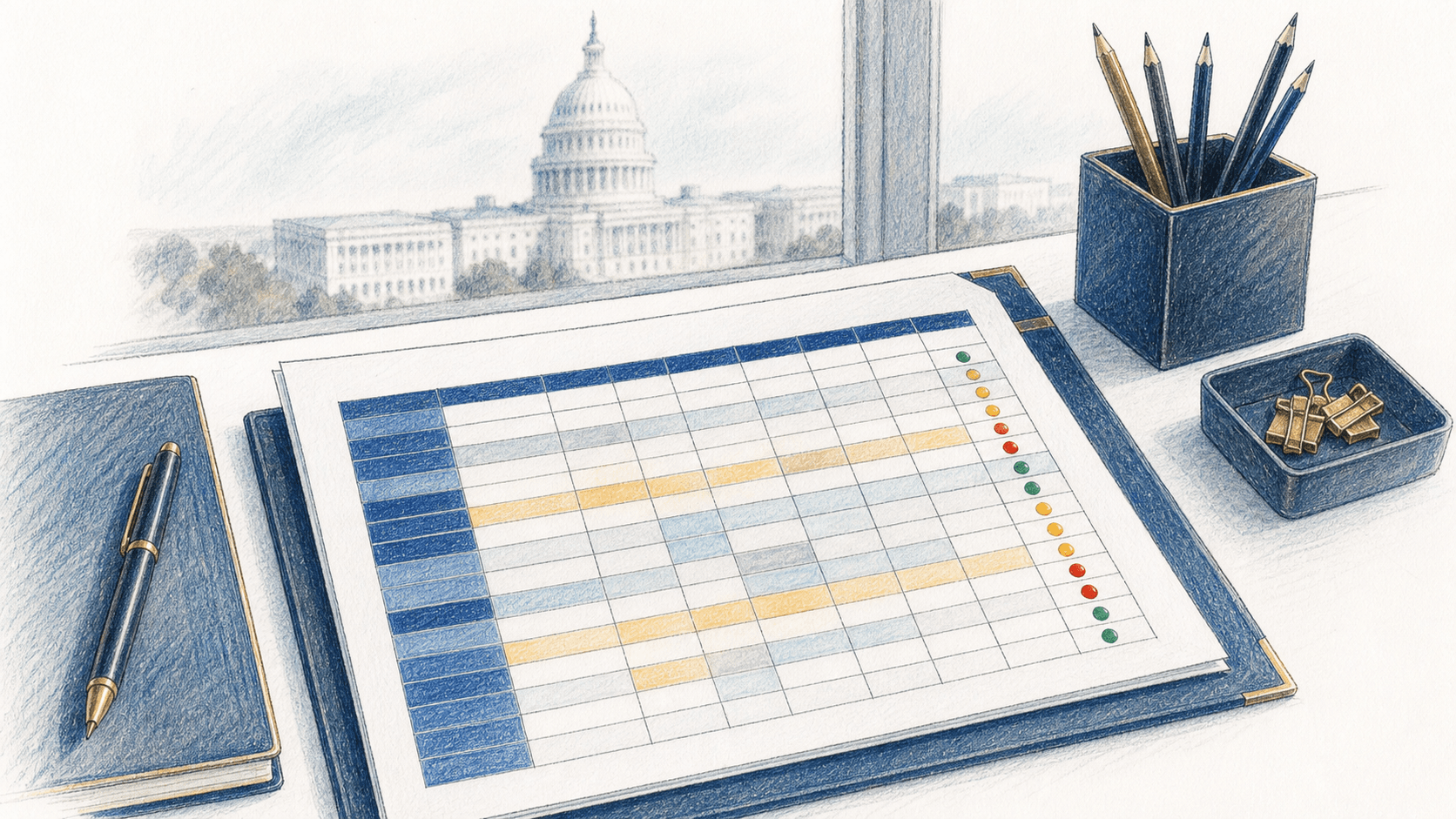 A clean flat-lay overhead view of a structured spreadsheet grid on a desk, with color-coded rows and columns, status indicators using colored dots (green, yellow, red), organized tabular data cells, a federal government building visible softly blurred in the background through a window, professional dark blue and gold color palette, no text or labels anywhere