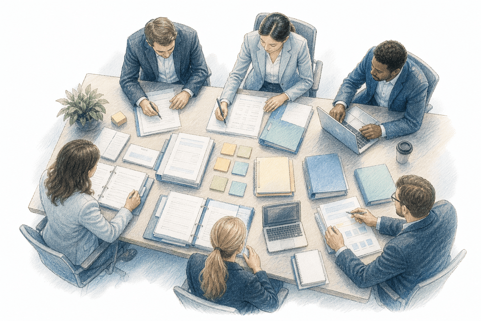 A professional overhead view of a government contracting proposal team working at a large conference table covered with organized documents, binders, and laptops. Multiple team members in business attire are collaborating, with sticky notes and color-coded folders spread across the table. The scene conveys structured coordination and strategic planning in a modern office environment with soft natural lighting.