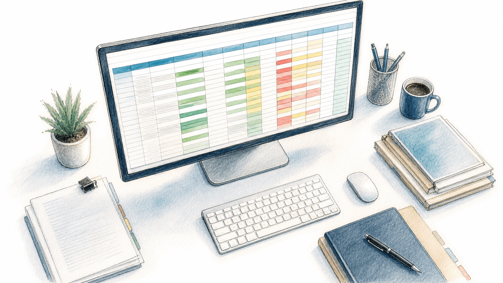 A clean, professional overhead view of a large Excel spreadsheet displayed on a modern monitor, showing colorful rows and columns with color-coded status indicators in green, yellow, and red, on a sleek office desk with soft ambient lighting, federal government procurement context, crisp and organized layout, no text or labels visible