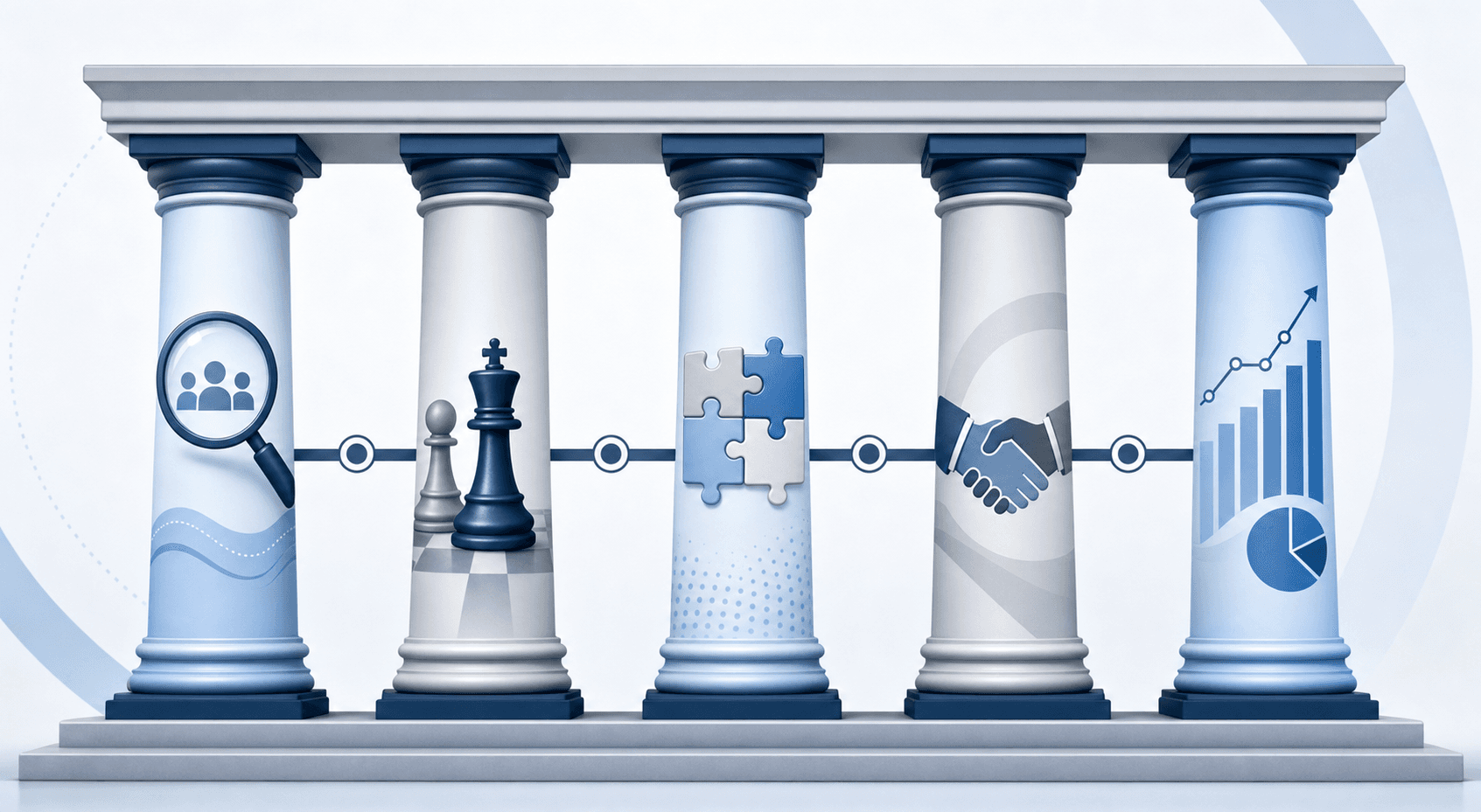 A clean, professional diagram showing five interconnected pillars or columns representing a framework structure. Each pillar should have distinct visual characteristics: one with a magnifying glass icon suggesting customer research, one with competitive positioning elements like chess pieces, one showing puzzle pieces for capability gaps, one with handshake imagery for partnerships, and one with financial charts or graphs. Use a modern, minimalist style with blue and gray tones suitable for business intelligence visualization. No text or letters should appear in the image.