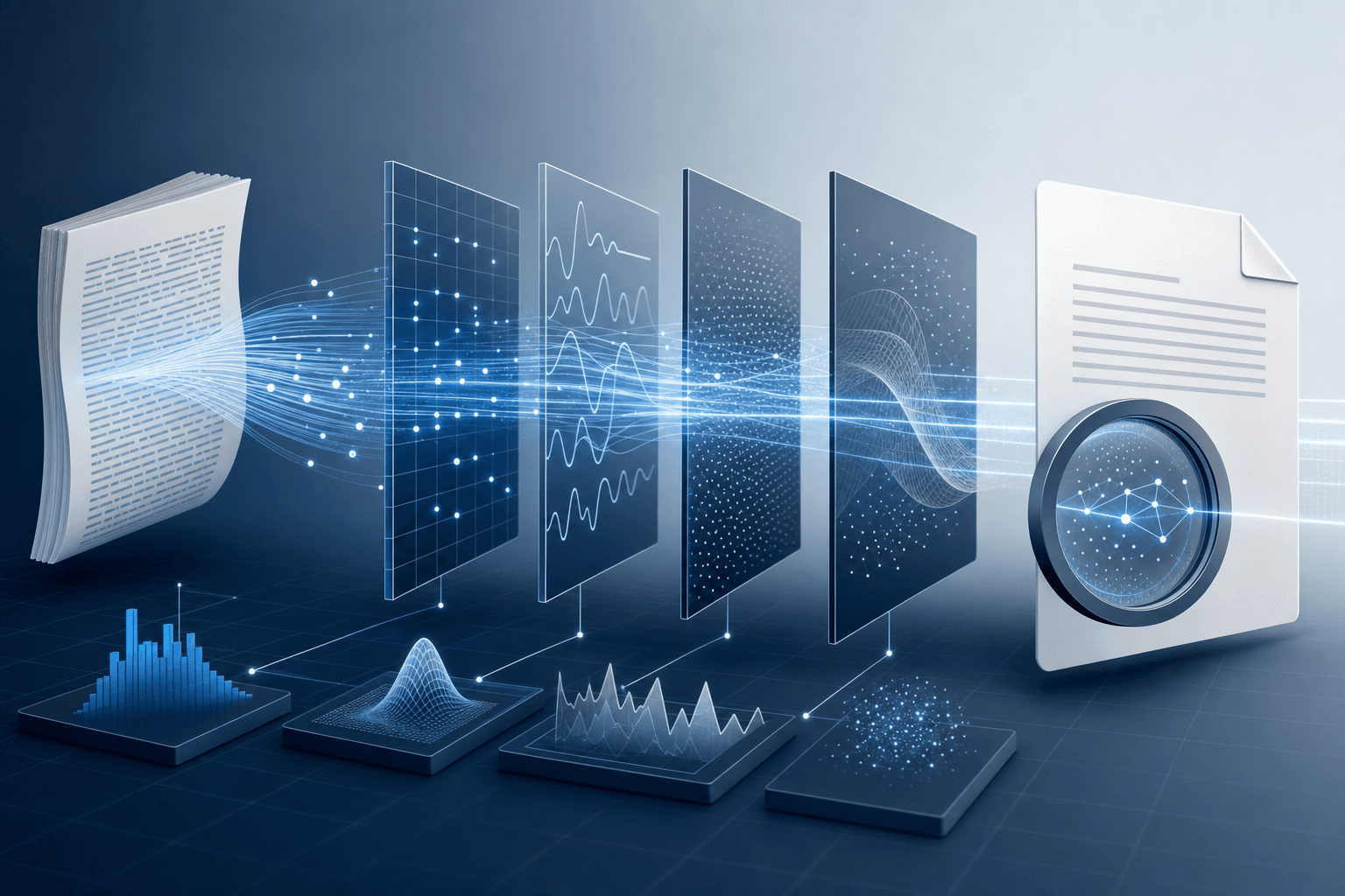 Professional illustration showing AI content detection concept with abstract visualization of text analysis, statistical patterns, and document scanning. Show flowing text streams being analyzed through layered filters or grids, with pattern recognition symbols like waveforms, entropy graphs, and data points. Use a clean, modern color palette with blues and grays. Corporate government technology aesthetic, no text or letters visible.