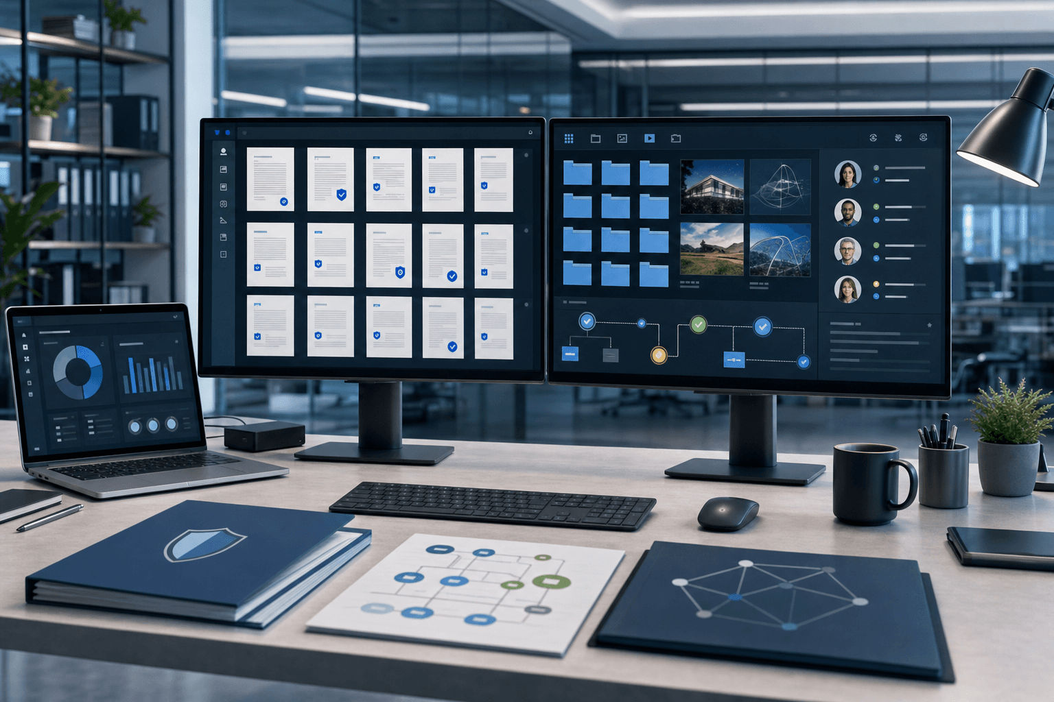 Professional workspace scene showing organized digital workflow, compliance documents arranged in structured grid pattern, content library folders, collaborative review process visualization. Modern office environment with clean organization, blue and gray tones, technical precision without any visible text or words.