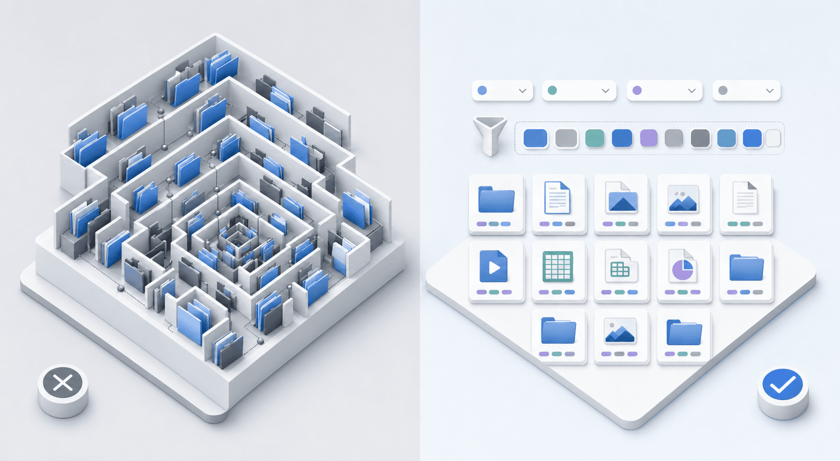 A clean, professional diagram showing two contrasting information organization systems: on one side, a complex maze of nested folders going deep with many levels creating confusion, and on the other side, a streamlined flat structure with metadata tags and filters making content easily accessible. Modern corporate aesthetic with blue and gray tones, isometric perspective, minimal style, no text or labels.