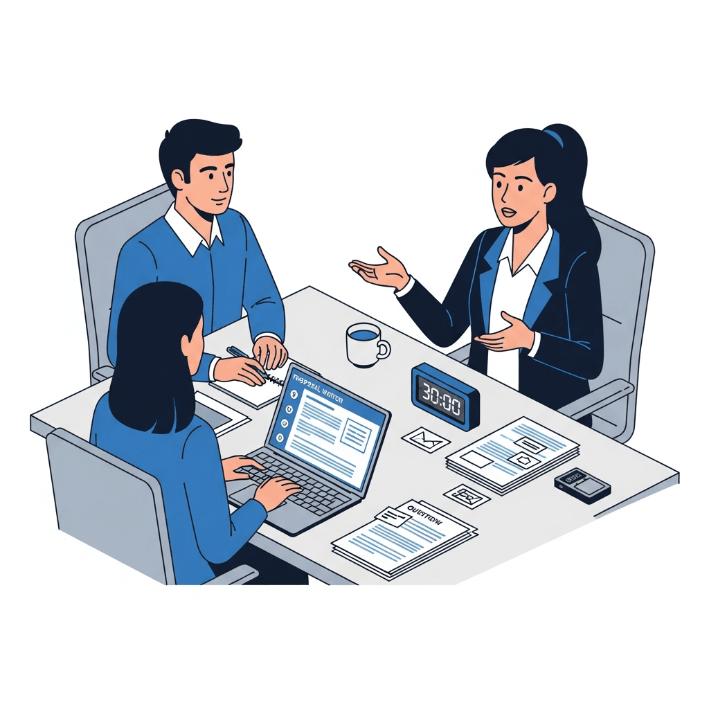 Professional business illustration showing a focused interview scene between a proposal writer and a subject matter expert. The setting is a modern office conference room with a laptop open showing notes and organized questions. The proposal writer is actively listening and taking structured notes while the SME is engaged in explaining technical concepts. Visual elements include a timer showing 30 minutes, organized question cards or documents, and a recording device. Clean, modern corporate style with blue and gray tones, isometric or flat illustration perspective. No text, words, letters, or labels.