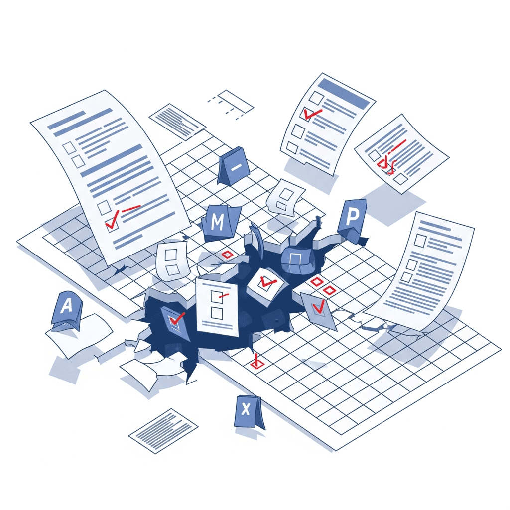 A professional business illustration showing a large government proposal document with scattered requirement checkboxes and checklist items falling through gaps in a compliance matrix grid. The scene depicts complexity and overlooked details with floating pages, spreadsheet cells, and requirement markers in a clean, modern style. Use a color palette of blues, grays, and reds to indicate missed items. No text or letters should appear in the image.