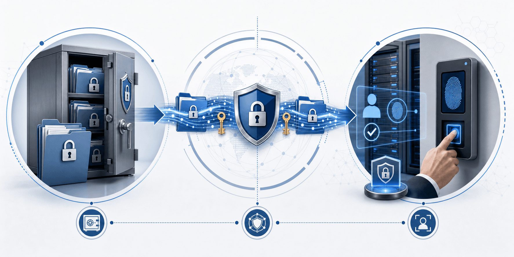 Professional illustration showing ITAR technical data document lifecycle: secure document storage in locked cabinet, encrypted transmission through secure channels represented by shield-protected data streams, and access control with biometric authentication. Clean, technical diagram style with blue and gray color scheme showing three connected stages of document handling. Include visual elements like folder icons with lock symbols, encryption keys, and secure server icons. No text or labels.