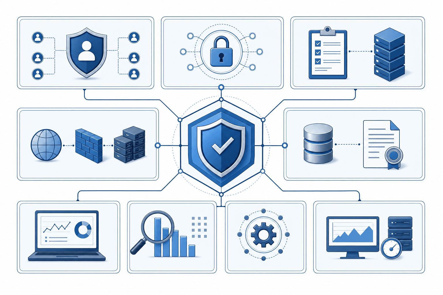 A technical diagram showing cybersecurity compliance framework with interconnected security control elements including access control shields, audit logs, authentication locks, network boundaries, and system monitoring components arranged in a structured grid layout with blue and gray color scheme, professional enterprise security illustration