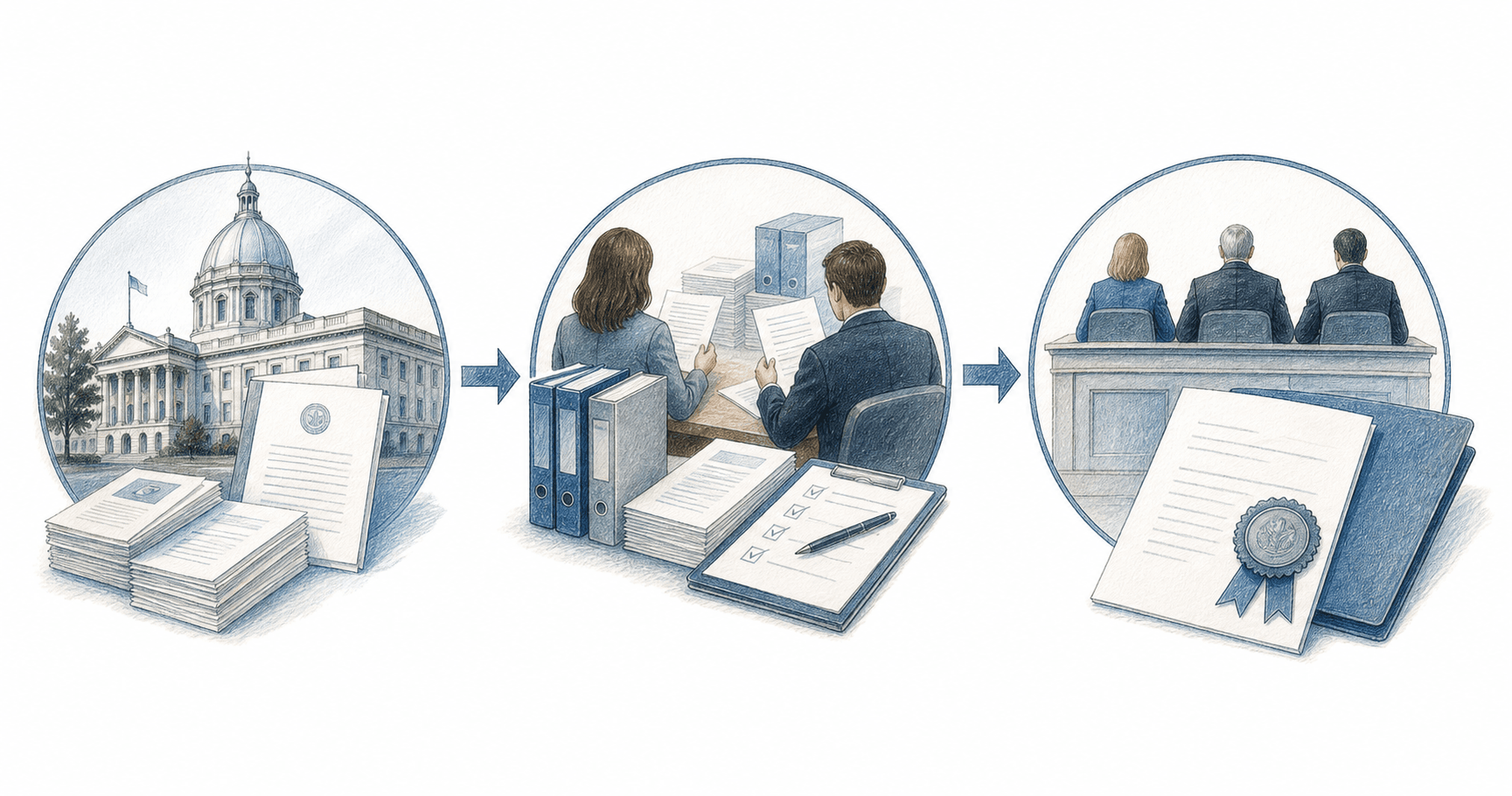 A clean, professional illustration of a federal government procurement lifecycle timeline showing three sequential phases: a document publication phase with official papers and a government building, a proposal development phase with people reviewing documents at a desk with binders and compliance checklists, and an evaluation and award phase with a judging panel and a contract seal. The design uses a structured horizontal flow with connecting arrows, in a modern flat style with muted blue, navy, and white color palette, no people's faces visible, professional federal contracting environment aesthetic.