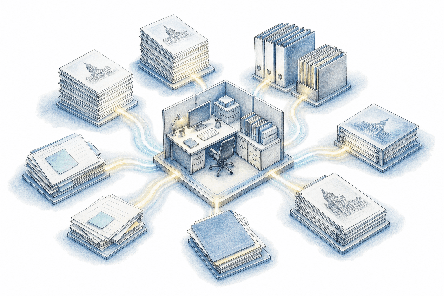 A flat illustration of an interconnected network of federal proposal documents, past performance folders, and capture notes flowing through glowing pathways into a central organized workspace hub, depicted in a professional blue and gray color palette, overhead isometric perspective, clean modern design, no text or labels anywhere