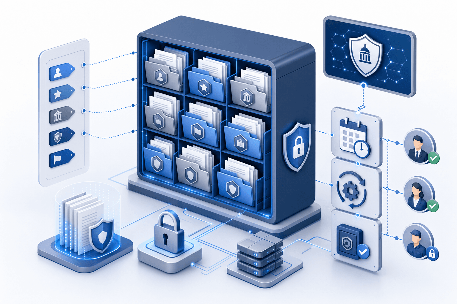 A professional diagram showing document management and data security concept: a secure digital document library with labeled folders organized by metadata tags, security shields representing CUI protection, retention policy icons with automated scheduling symbols, and access control indicators. Modern corporate aesthetic with blue and gray tones, isometric perspective, clean minimal style, representing government contractor data compliance and organization.
