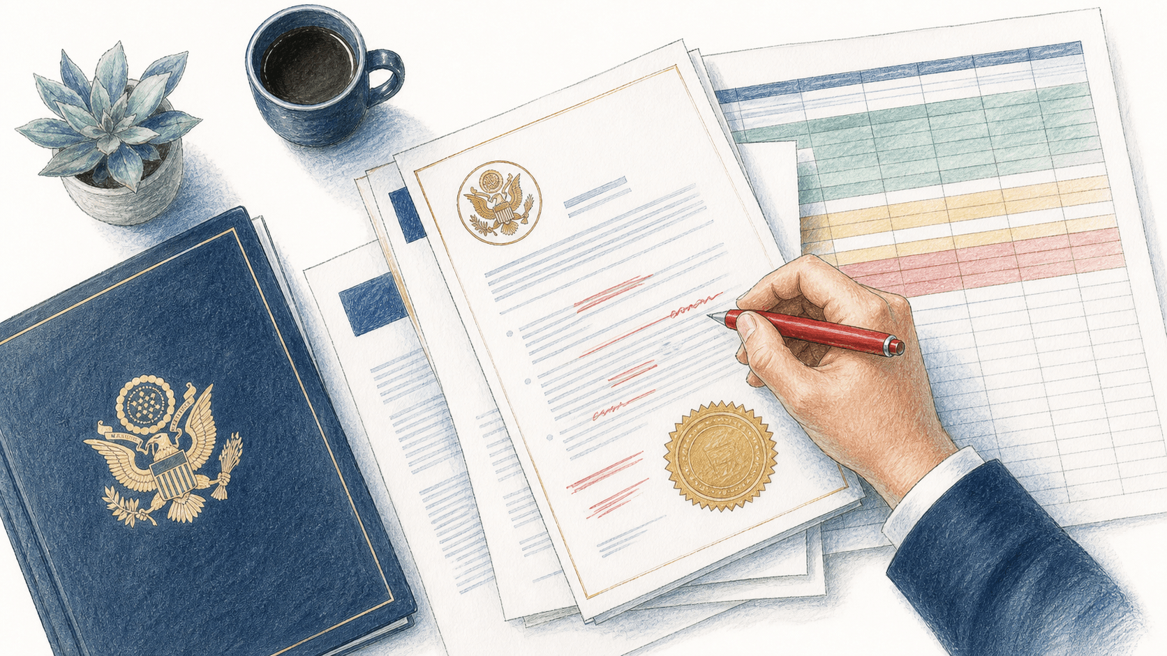 An overhead flat-lay view of a federal government solicitation document with several pages spread out on a desk, one page stamped with an amendment seal, a hand holding a red pen marking changes on the document, a structured spreadsheet grid visible underneath with color-coded status rows in green yellow and red, professional dark blue and gold color palette, clean organized workspace atmosphere, no text no words no letters anywhere in the image